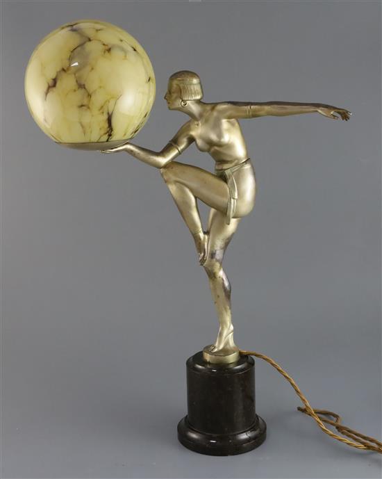 After Maurice Guiraud-Rivière (French 1881-1947). A silvered spelter table lamp, height 21.5in.